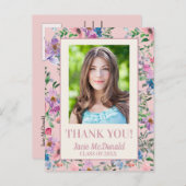 Carte Postale Faire-part Aquarelle rose Merci de graduation florale (Devant / Derrière)