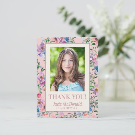 Carte Postale Faire-part Aquarelle rose Merci de graduation florale (Debout devant)