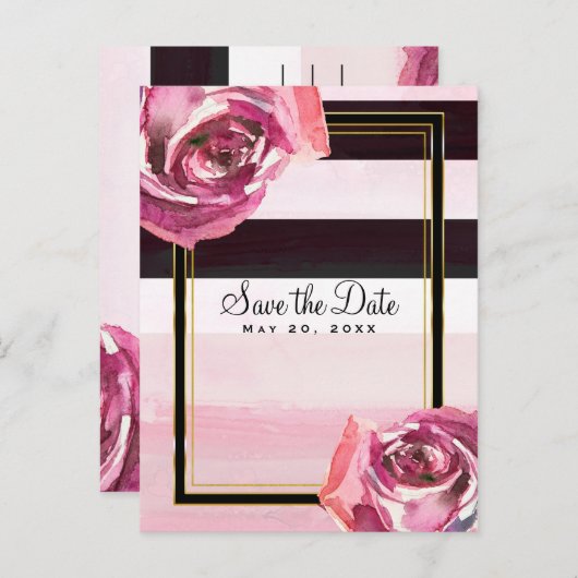 Carte Postale Faire-part Aquarelle rose Rose noir blanc Enregistrer la date (Devant / Derrière)