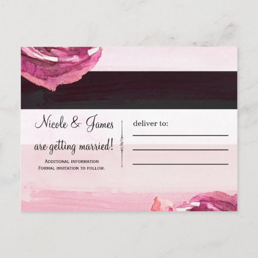 Carte Postale Faire-part Aquarelle rose Rose noir blanc Enregistrer la date (Dos)