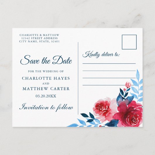 Carte Postale Faire-part Aquarelle Roses Rouges Enregistrer La Date (Dos)