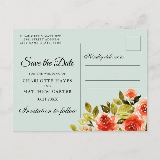 Carte Postale Faire-part Aquarelle Rouge Roses Botanique Enregistrer La Dat (Dos)