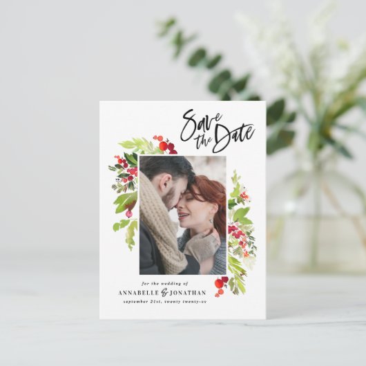 Carte Postale Faire-part Aquarelle rouge vert feuillage photo enregistrer l (Debout devant)