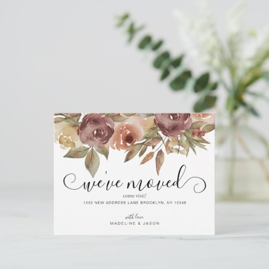 Carte Postale Faire-part Aquarelle Rustique Flore Automne Script Moving (Debout devant)