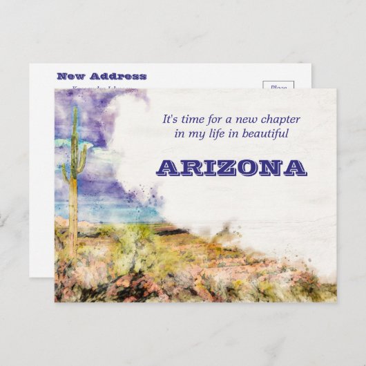 Carte Postale Faire-part Aquarelle Saguaro Cactus Violet Bleu J'ai Déménagé (Devant / Derrière)