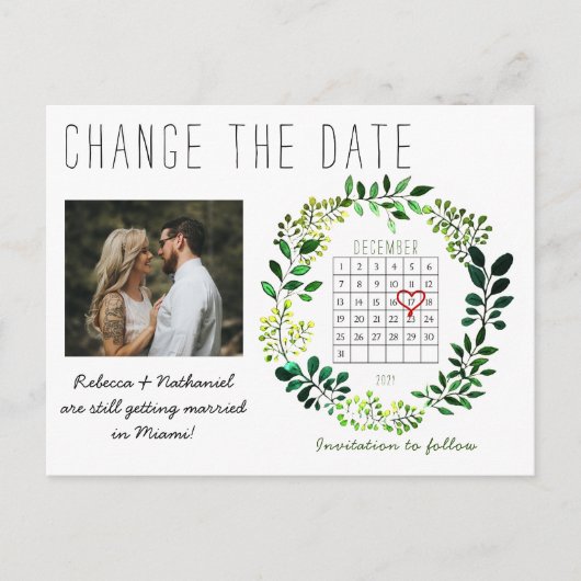 Carte Postale Faire-part Aquarelle simple Changer la date Calendrier Coeur (Devant)