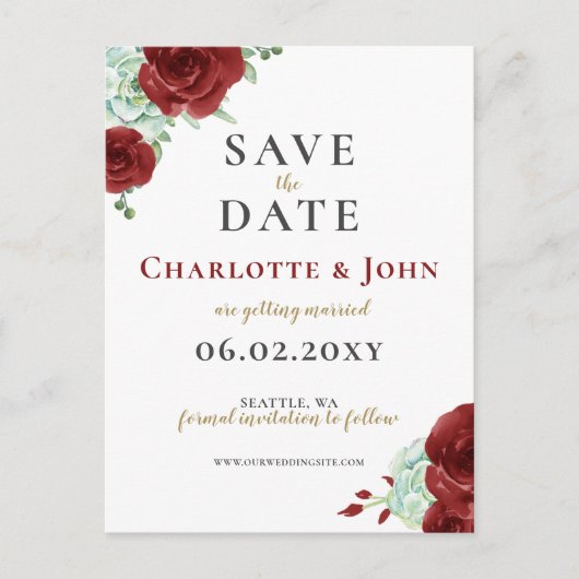 Carte Postale Faire-part Aquarelle succulente bordeaux or save the date (Devant)
