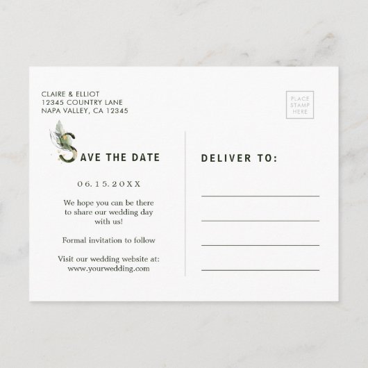 Carte Postale Faire-part Aquarelle tropicale Mariage de feuillage Enregistr (Dos)