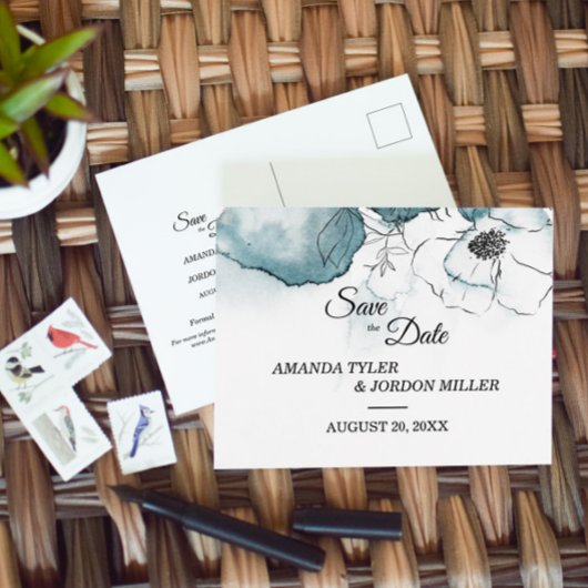 Carte Postale Faire-part Aquarelle turquoise Esquisse Mariage Enregistrer l