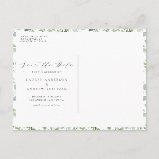 Carte Postale Faire-part Aquarelle Verdure et Fleur Blanche Enregistrer la (Dos)