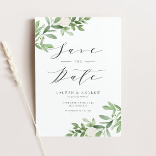 Carte Postale Faire-part Aquarelle Verdure et Fleur Blanche Enregistrer la