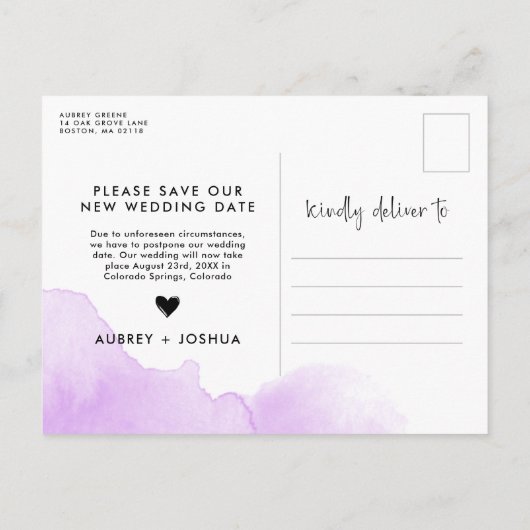 Carte Postale Faire-part Aquarelle violette Mariage reporté (Dos)