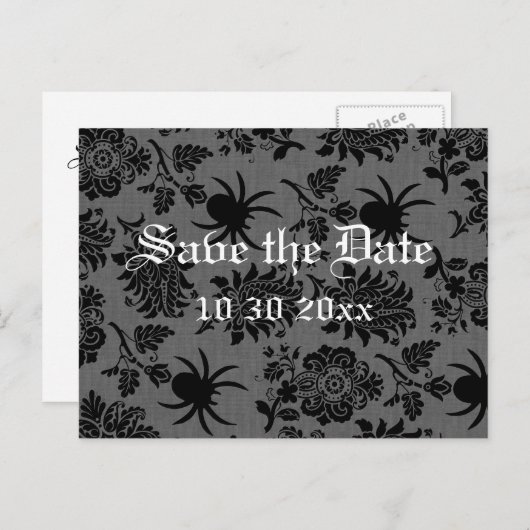 Carte Postale Faire-part Araignée Damask sur lin gris Enregistrer la date (Devant / Derrière)