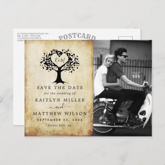 Carte Postale Faire-part Arbre à coeur rustique mariage photo enregistrer l (Devant / Derrière)
