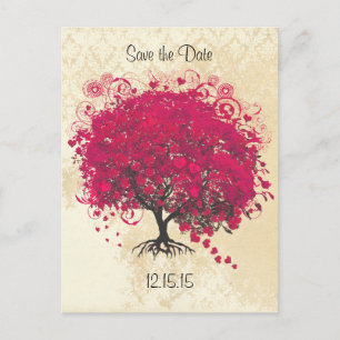 Carte Postale Faire-part Arbre à feuilles en forme de cœur d'Achillée rose