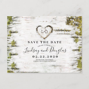 Carte Postale Faire-part Arbre de bouleau cœur rustique enregistrer la date