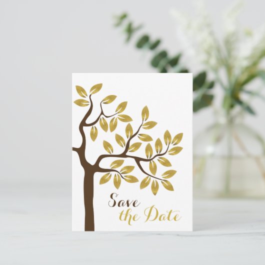 Carte Postale Faire-part Arbre doré mariage moderne Enregistrer la date (Debout devant)