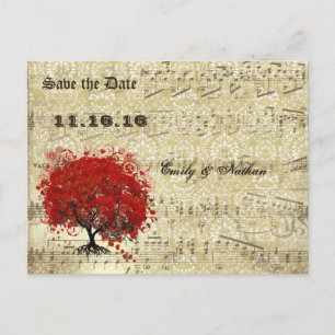 Carte Postale Faire-part Arbre feuille de coeur rouge Enregistrer la date