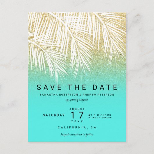 Carte Postale Faire-part Arbre moderne palmier or aqua save the date (Devant)