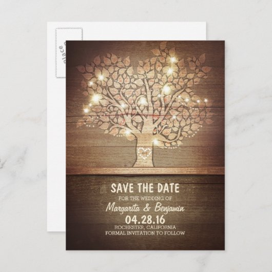 Carte Postale Faire-part Arbre Rustique & Guirlande Lumineuse Save The Date (Devant / Derrière)
