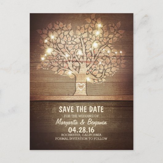 Carte Postale Faire-part Arbre Rustique & Guirlande Lumineuse Save The Date (Devant)