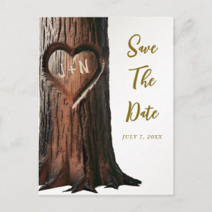 Carte Postale Faire-part Arbre Sculpté Souche de Coeur Rustique Enregistrer