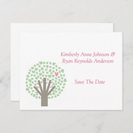 Carte Postale Faire-part Arbre Vert Coeurs Roses Enregistrer La Date (Devant / Derrière)