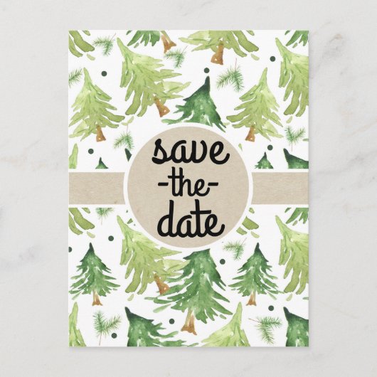 Carte Postale Faire-part Arbres de pin à l'aquarelle Kraft Rustique Épargne (Devant)