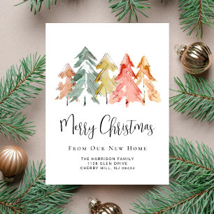 Carte Postale Faire-part Arbres de pin aquarelle Nouvelle maison Fêtes Démé