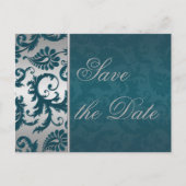 Carte Postale Faire-part Argent et Damas Turquoise Enregistrer la date Cart (Devant)
