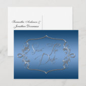 Carte Postale Faire-part Argent Orné Bleu Enregistrer La Date (Devant / Derrière)