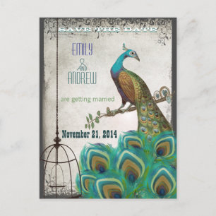 Carte Postale Faire-part Argent Peacock Feathers Birdcage Enregistrer la da