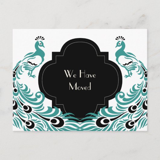 Carte Postale Faire-part Art Déco Peacock noir et bleu Changement d'adresse (Devant)
