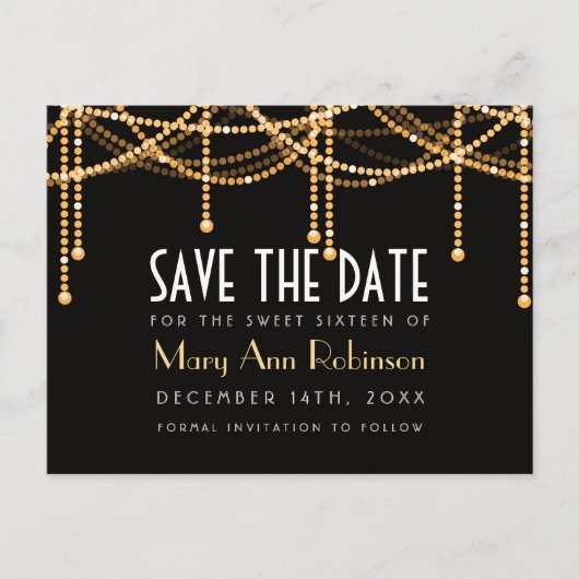 Carte Postale Faire-part Art Déco Sweet 16 Enregistrer La Date Gold String (Devant)