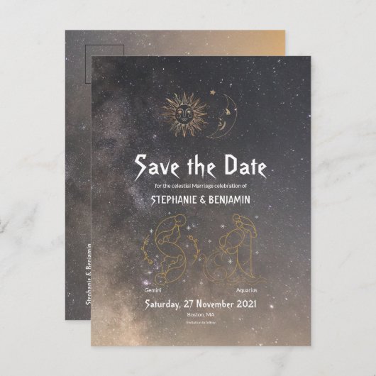 Carte Postale Faire-part Astrologie Céleste Gémeaux Verseau Signe du Zodiaq (Devant / Derrière)