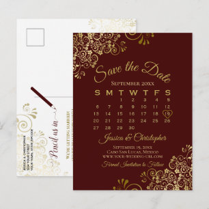 Carte Postale Faire-part Auburn Brown Gold Wedding Enregistrer le calendrie