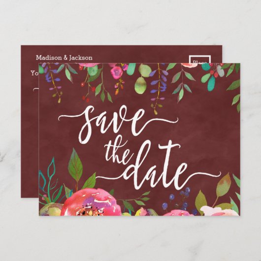 Carte Postale Faire-part Automne Bourgogne Aquarelle Mariage Enregistrer la (Devant / Derrière)