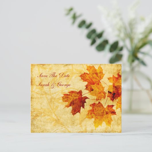 Carte Postale Faire-part automne brun feuille enregistrer la date (Debout devant)