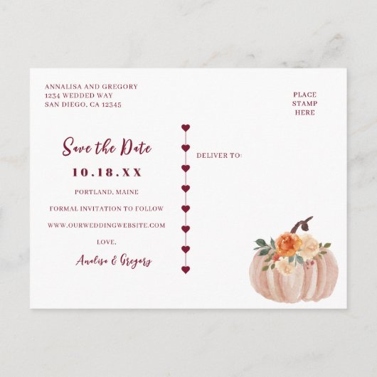 Carte Postale Faire-part Automne Enregistrer notre date (Dos)