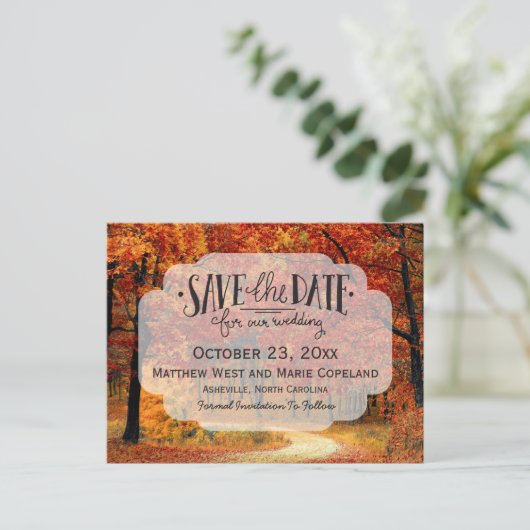 Carte Postale Faire-part Automne Feuilles Mariage Rustique Sauver La Date (Debout devant)