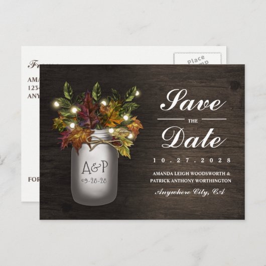 Carte Postale Faire-part Automne Feuilles Mason Jar Rustique Enregistrer Le (Devant / Derrière)