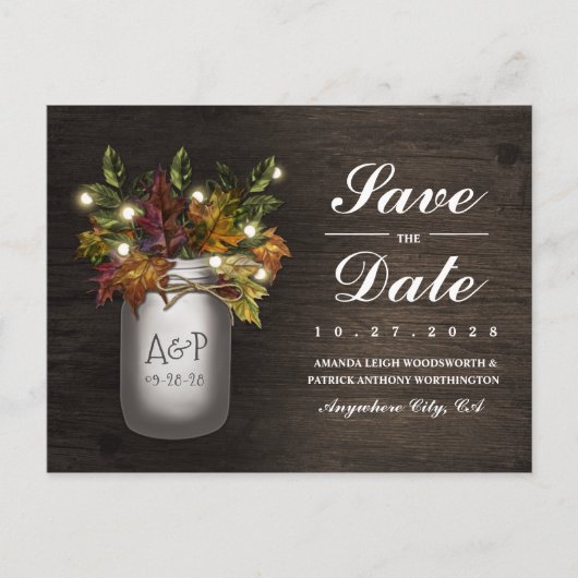 Carte Postale Faire-part Automne Feuilles Mason Jar Rustique Enregistrer Le (Devant)