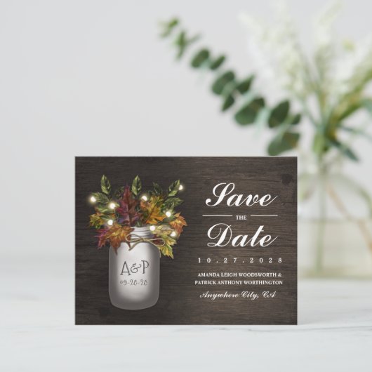 Carte Postale Faire-part Automne Feuilles Mason Jar Rustique Enregistrer Le (Debout devant)
