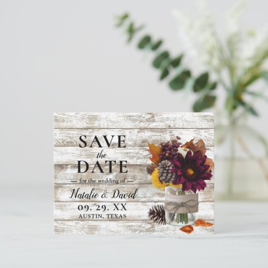 Carte Postale Faire-part Automne Rustique Floral Mason Jar automne Enregist (Debout devant)
