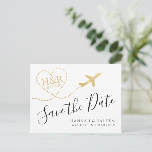 Carte Postale Faire-part Avion avec Coeur Destination Mariage Date de sauve (Debout devant)