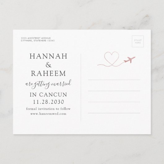 Carte Postale Faire-part Avion Coeur rose Destination Mariage Date de sauve (Dos)