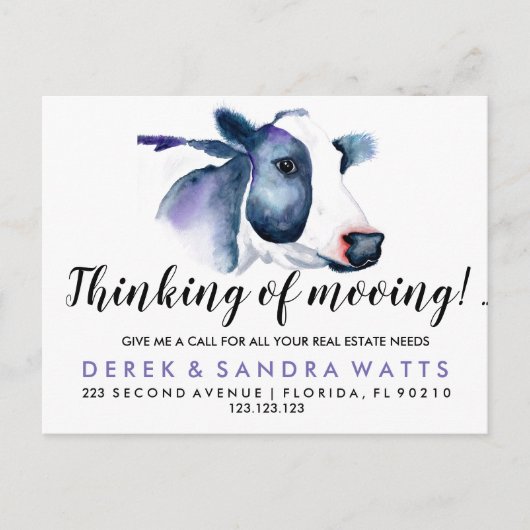 Carte Postale Faire-part avis de déménagement de vache dans l'immobilier d' (Devant)