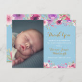 Carte Postale Faire-part Baby Boy Floral Script Photo Merci Naissance (Devant / Derrière)