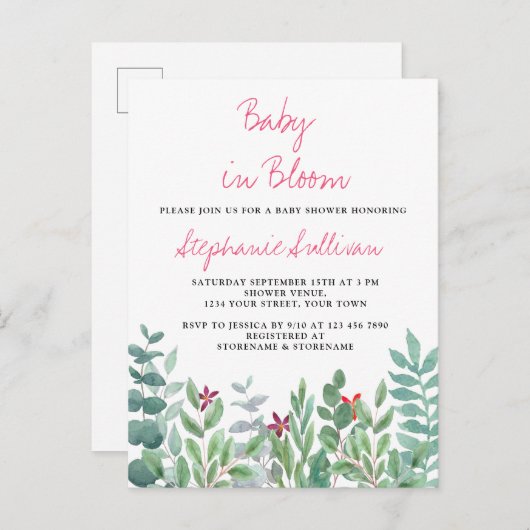 Carte Postale Faire-part Baby in Bloom Baby Shower Eucalyptus et verdure  (Devant / Derrière)