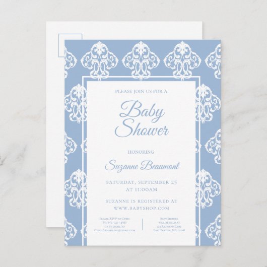 Carte Postale Faire-part Baby shower blanc bleu foncé moderne Boho (Devant / Derrière)
